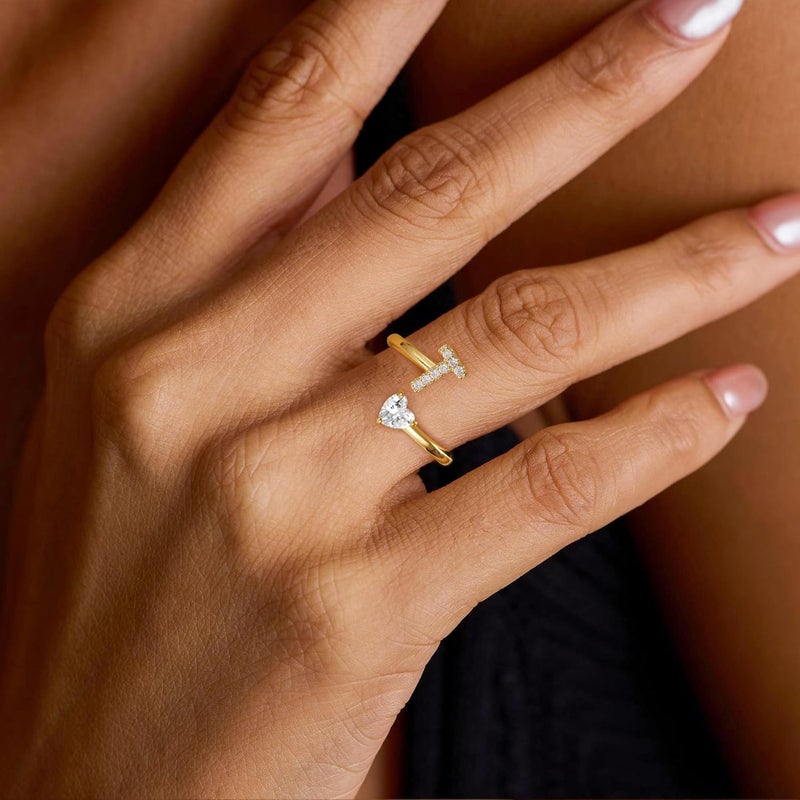Treasure Bender Valentines Day Gifts Initial Gold Rings for Girls Women - Dainty 14K Gold Plated Adjustable Letter A-Z Rings Teen Girls Gifts Trendy Stuff Heart CZ Initial Ring Teens Birthday Gift - Image 2